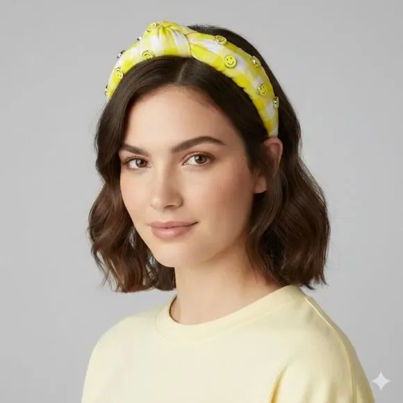 Living Fully Headband Yellow Gingham Knotted Allover Smiley Face w/ Dust Bag OS - Picture 2 of 11